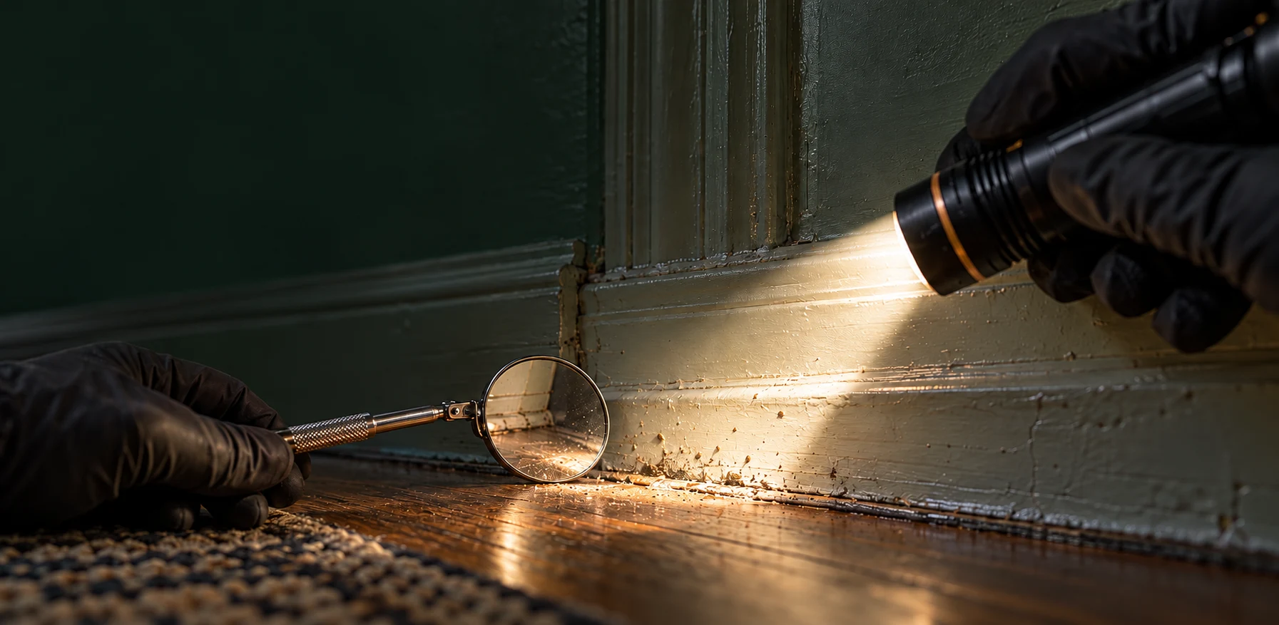 Deux mains gantées inspectent un seuil peint à la lampe et au miroir